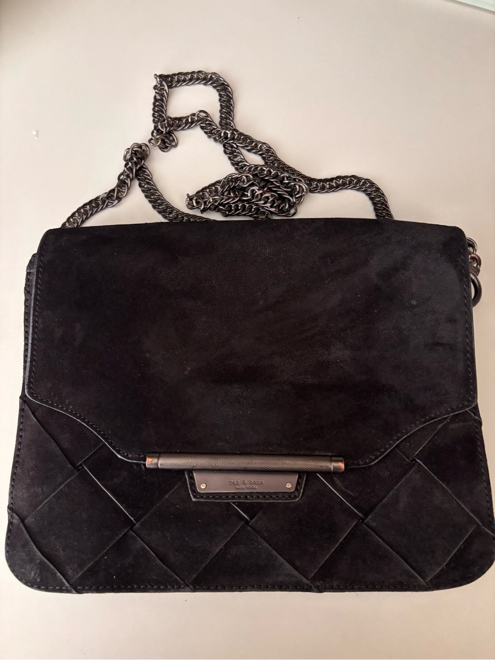 rag & bone Black Suede Quilted Shoulder Bag with Chain Strap Accent